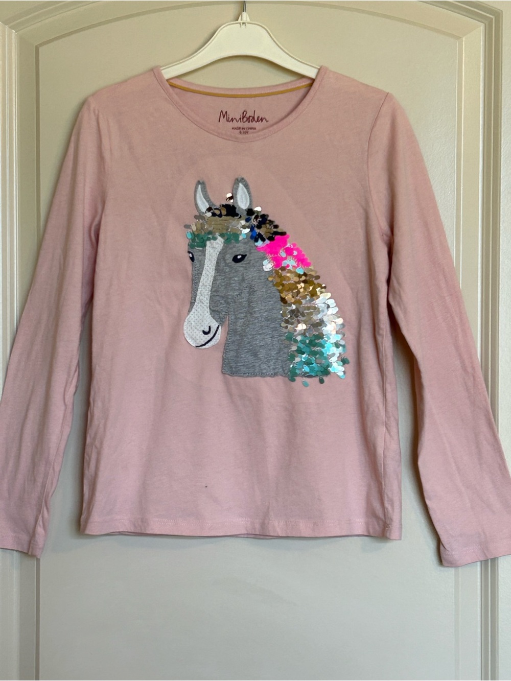 9-10Y Mini Boden Pink Sequin Horse Top
